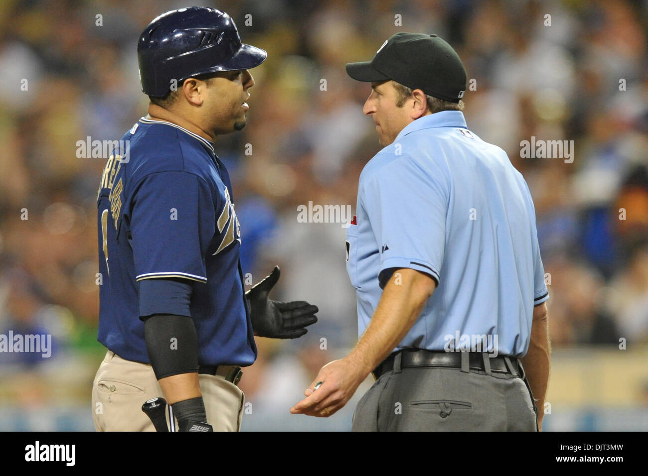 May 20, 2010 - Los Angeles, California, U.S - 20 May 2010:  San Diego Padres catcher Yorvit Torrealba (8) argues with home plate umpire Chris Guccione after being called out on strikes. The Los Angeles Dodgers defeated the San Diego Padres by a score of 4-1, at Dodger Stadium in Los Angeles, California..Mandatory Credit: Andrew Fielding / Southcreek Global (Credit Image: © Andrew F Stock Photo