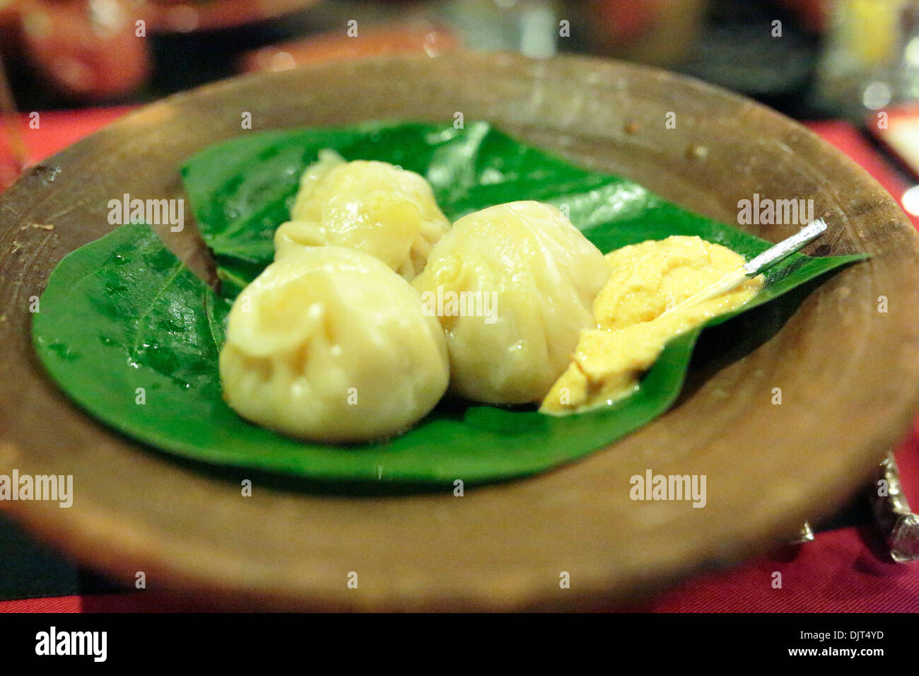 Momo, traditional Nepali dumplings, Krishnarpan restaurant, Dwarika's hotel, Kathmandu, Nepal Stock Photo