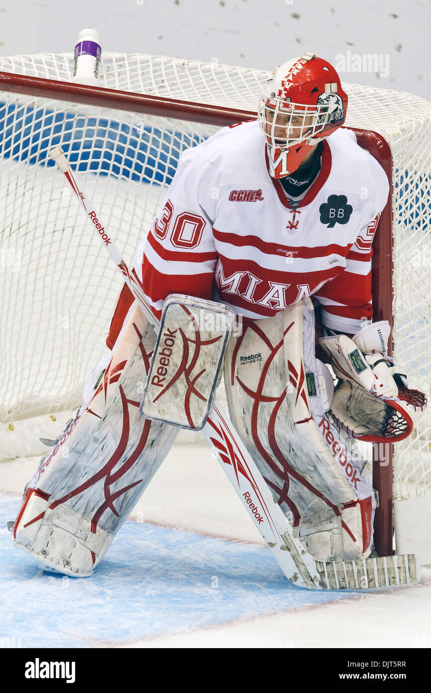 Miami goalie Cody Reichard (30) protects the corner of the net during