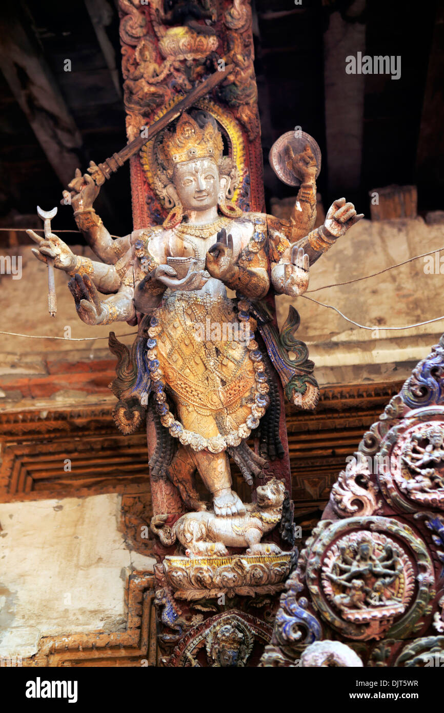 Wood carved roof sturf of Hindu temple, Bhaktapur, Nepal Stock Photo