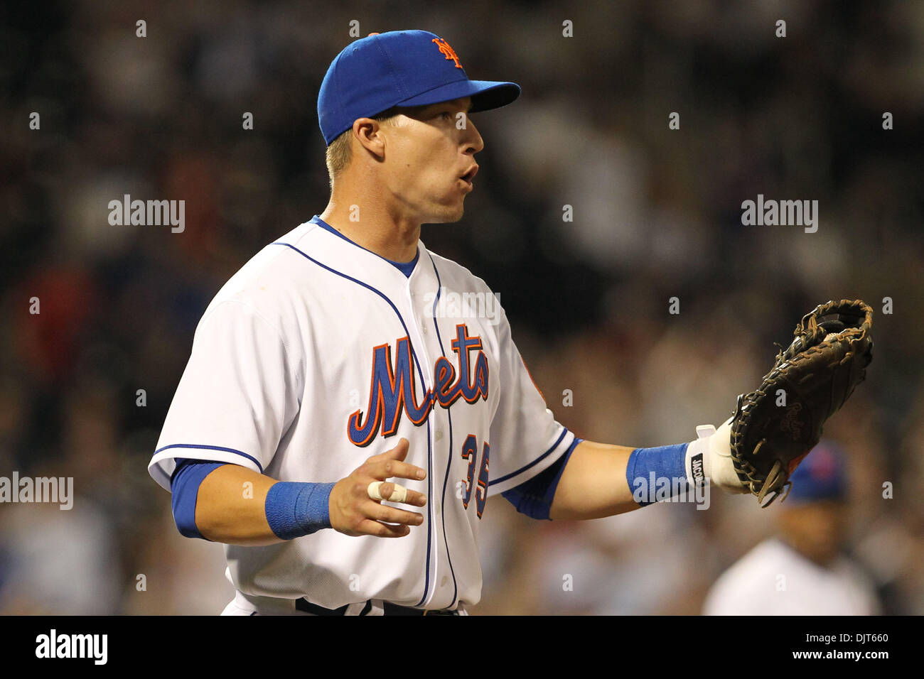 NY Mets Infielder Mike Jacobs  (#35) doesnt like the call in the game at Citifield  in Flushing, NY. The Marlins defeated the Mets 7-6. (Credit Image: © Anthony Gruppuso/Southcreek Global/ZUMApress.com) Stock Photo