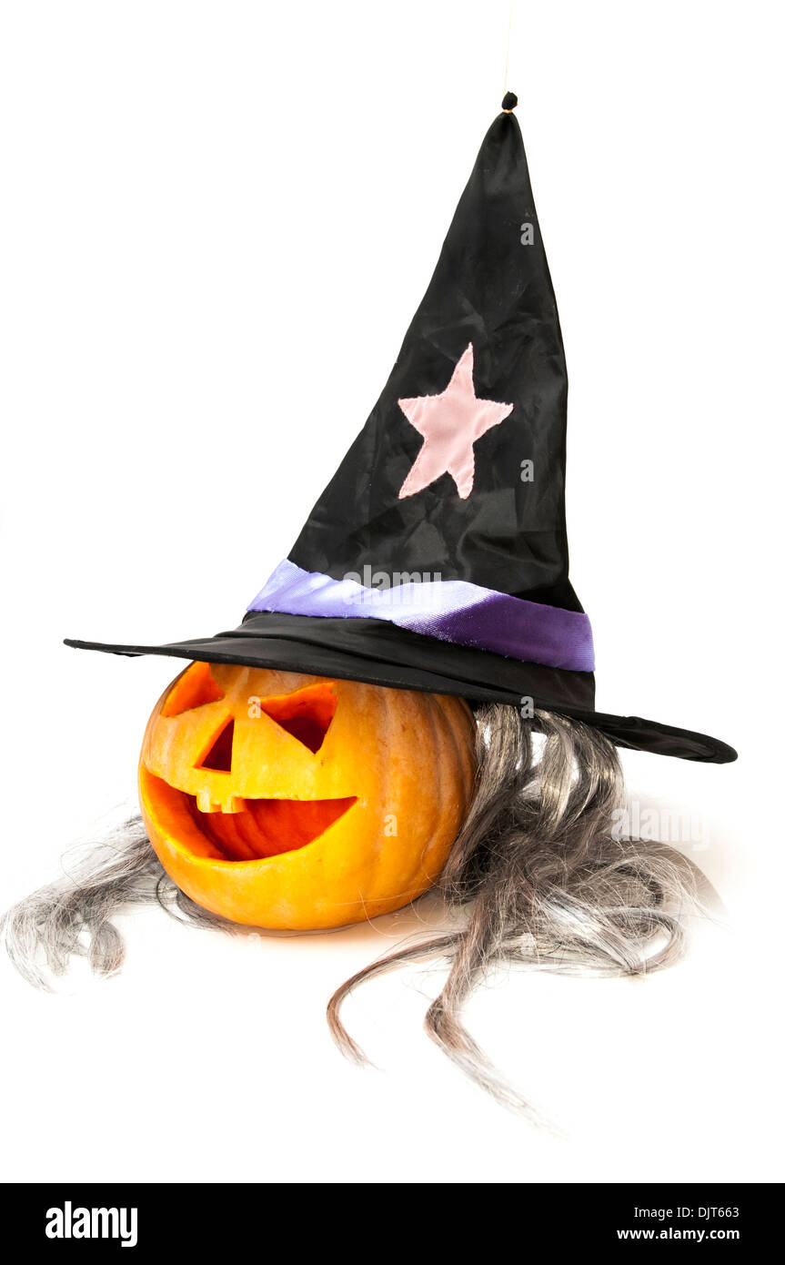 Halloween pumpkin with witch hat on a white background Stock Photo