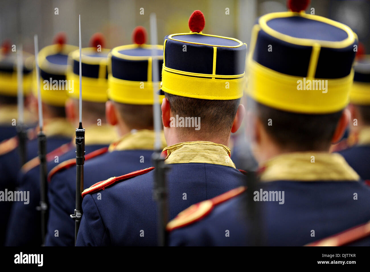 Back view with troops march during a military parade Stock Photo