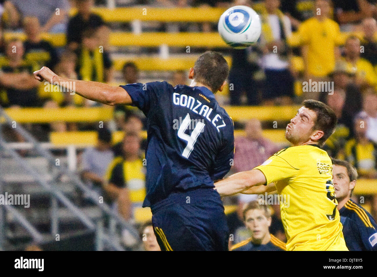 Galaxy defender Omar Gonzolez (#4) and Crew forward Jason Garey (#9) go up for a header during game action.  The LA  Galaxy defeated the Columbus 2-0 at Crew Stadium in Columbus, Ohio. (Credit Image: © Scott Grau/Southcreek Global/ZUMApress.com) Stock Photo