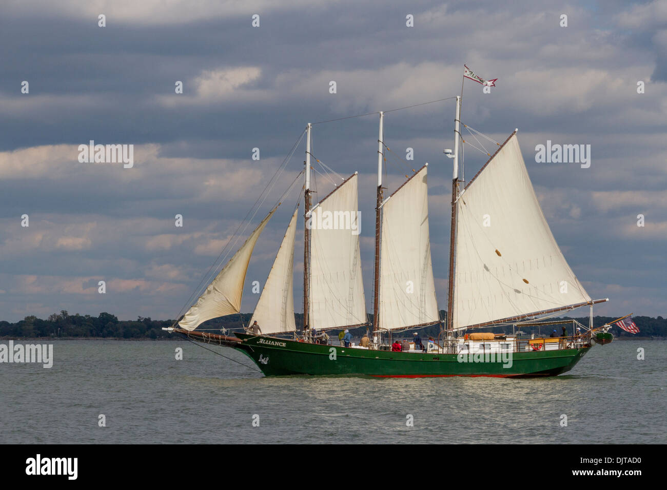 Tall ship schooner, Alliance, sailing on the York river at historic