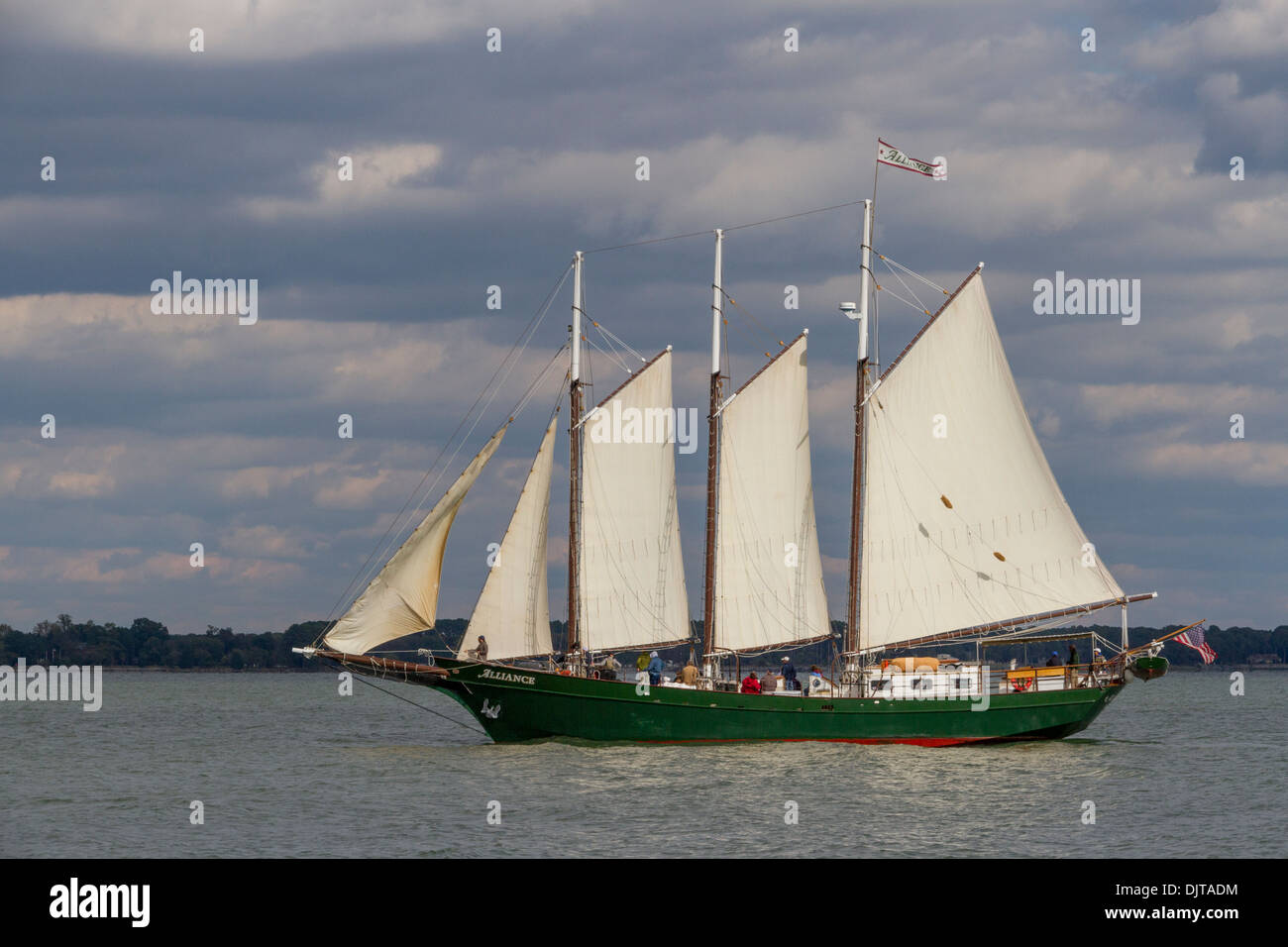 Tall ship schooner, Alliance, sailing on the York river at historic
