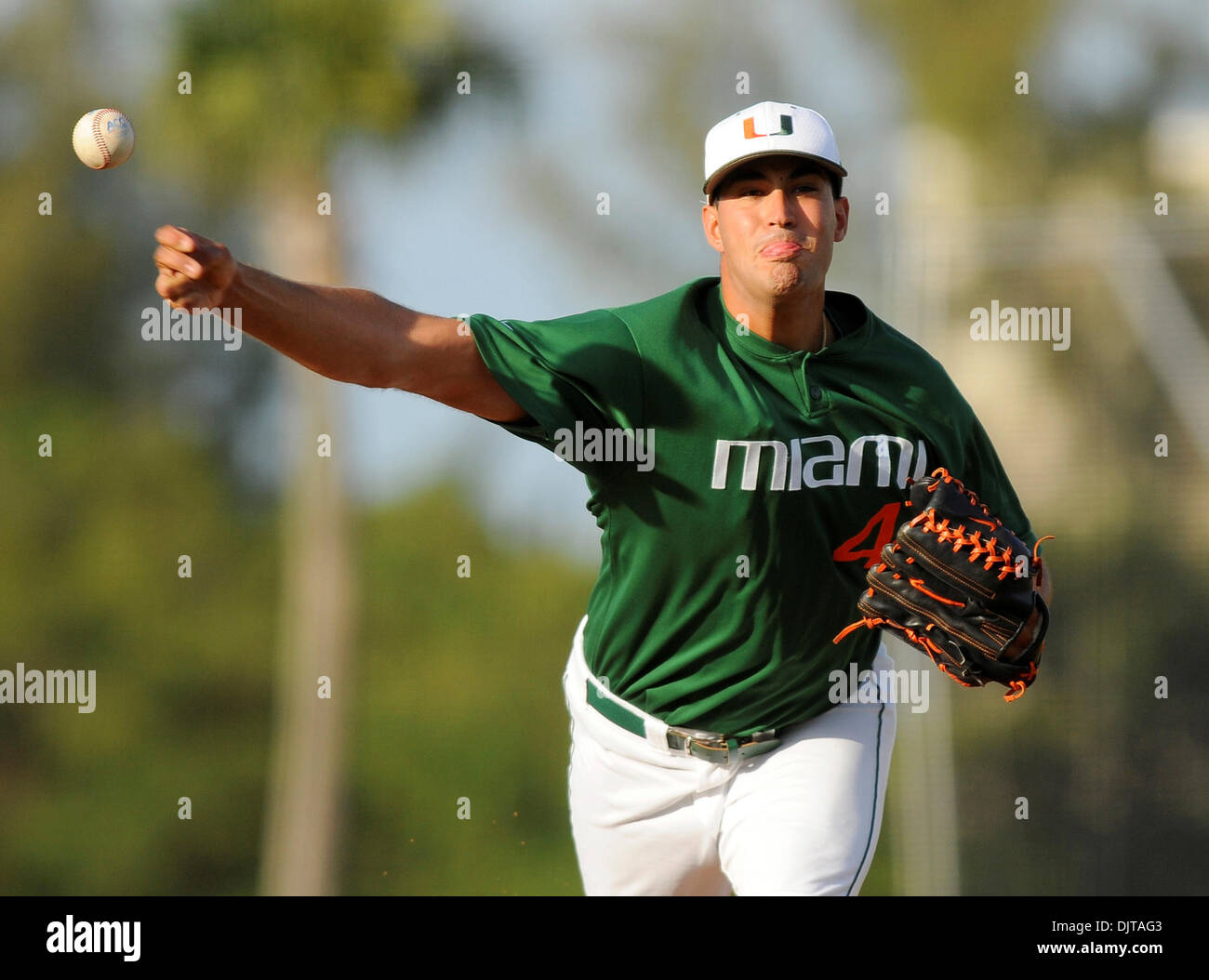 Miami Hurricanes starting pitcher E.J. Encinosa delivers a pitch..The  Central Florida Knights upset the 12th ranked Miami Hurricanes 6-3. Alex  Rodriguez Park in Coral Gables, Florida. (Credit Image: © Ron  Hurst/Southcreek Global/ZUMApress.com
