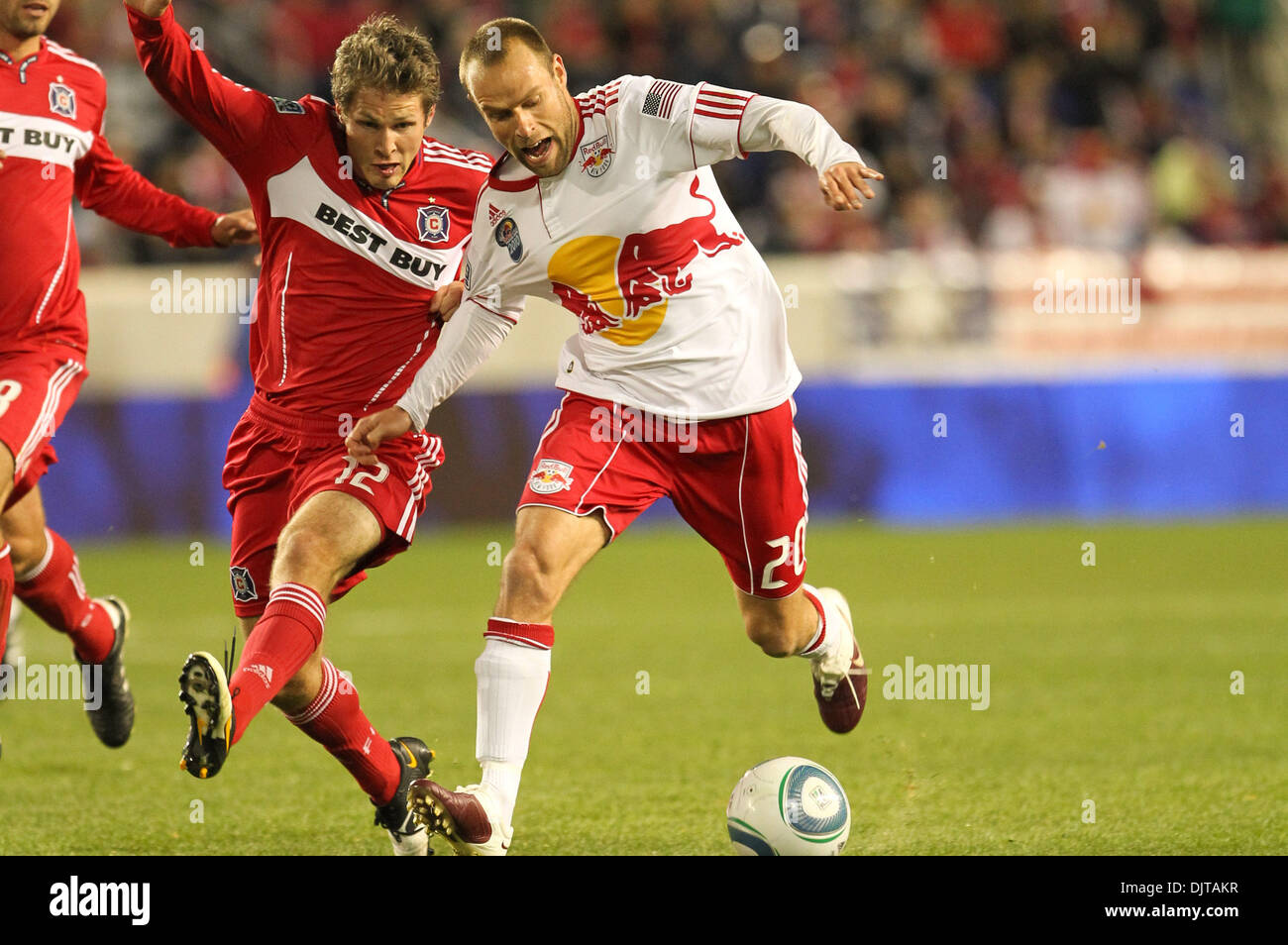 27  March 2010:  Red Bulls M Joel Lindpere (#20) and Chicago Fire D Logan Pause (#12) battle for the ball. The Red Bulls defeated Chicago Fire 1-0  in the game held at Red Bull Arena, Harrison, NJ. (Credit Image: © Anthony Gruppuso/Southcreek Global/ZUMApress.com) Stock Photo