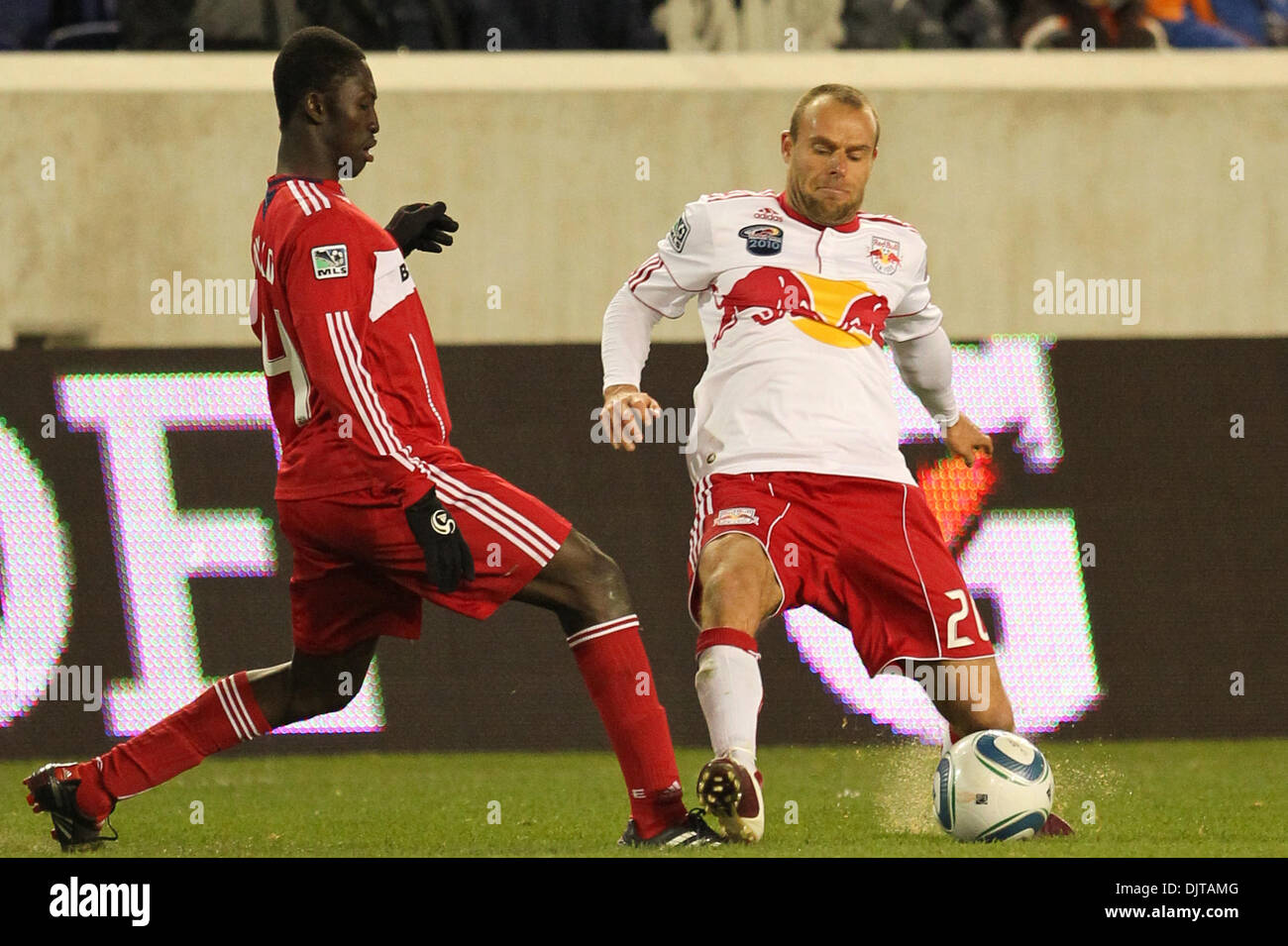 27  March 2010: Red Bulls M Joel Lindpere (#20) digs in to keep th ball from Chicago.  The Red Bulls defeated Chicago Fire 1-0  in the game held at Red Bull Arena, Harrison, NJ. (Credit Image: © Anthony Gruppuso/Southcreek Global/ZUMApress.com) Stock Photo