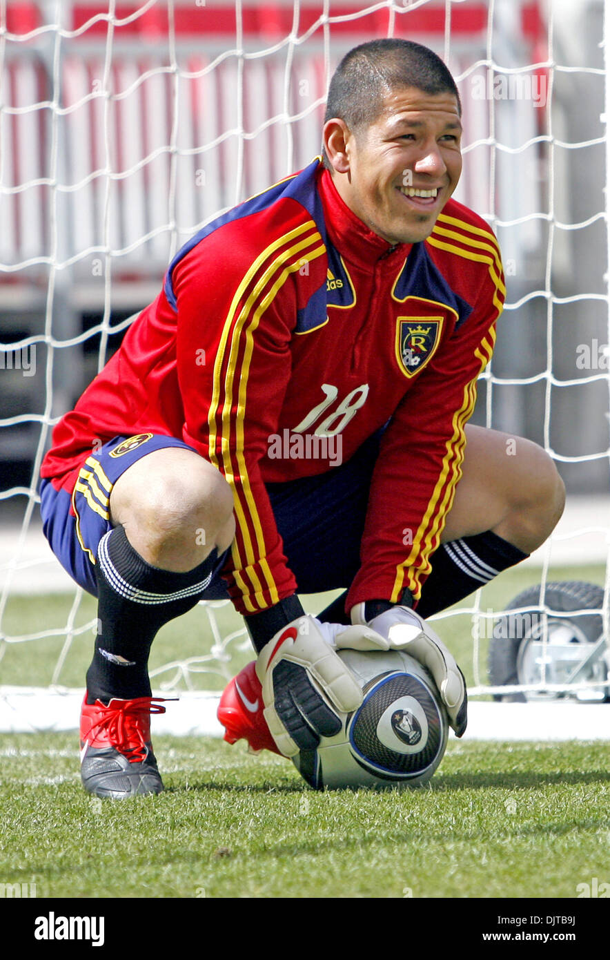 9 April 2010: Real Salt Lake goalie Nick Rimando (#18) trains the day before their 2010 home opener against the Seattle Sounders in Rio Tinto Stadium..Mandatory Credit: Stephen Holt / Southcreek Global (Credit Image: © Stephen Holt/Southcreek Global/ZUMApress.com) Stock Photo