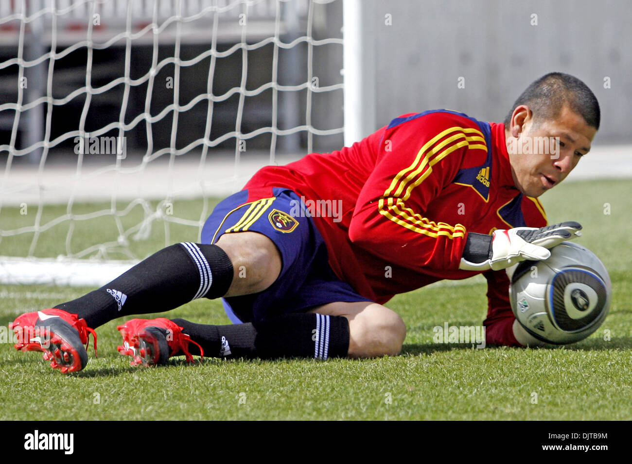 9 April 2010: Real Salt Lake goalie Nick Rimando (#18) trains the day before their 2010 home opener against the Seattle Sounders in Rio Tinto Stadium..Mandatory Credit: Stephen Holt / Southcreek Global (Credit Image: © Stephen Holt/Southcreek Global/ZUMApress.com) Stock Photo