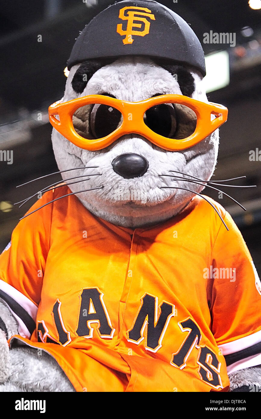 San Francisco, CA: San Francisco Giants mascot Lou Seal looks on