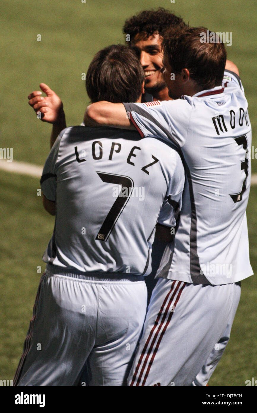 13 April 2010: Rapids' Claudio Lopez #7, Drew Moor #3, and Wells Thompson #15 celebrate the game winning goal by Wells Thompson. The Colorado Rapids defeated the Kansas City Wizards 2-1 in a 2010 US Open Cup Qualifier match. Stanley H. Durwood Stadium, Kansas City, Missouri..Mandatory Credit: Tyson Hofsommer / Southcreek Global (Credit Image: © Tyson Hofsommer/Southcreek Global/ZUM Stock Photo