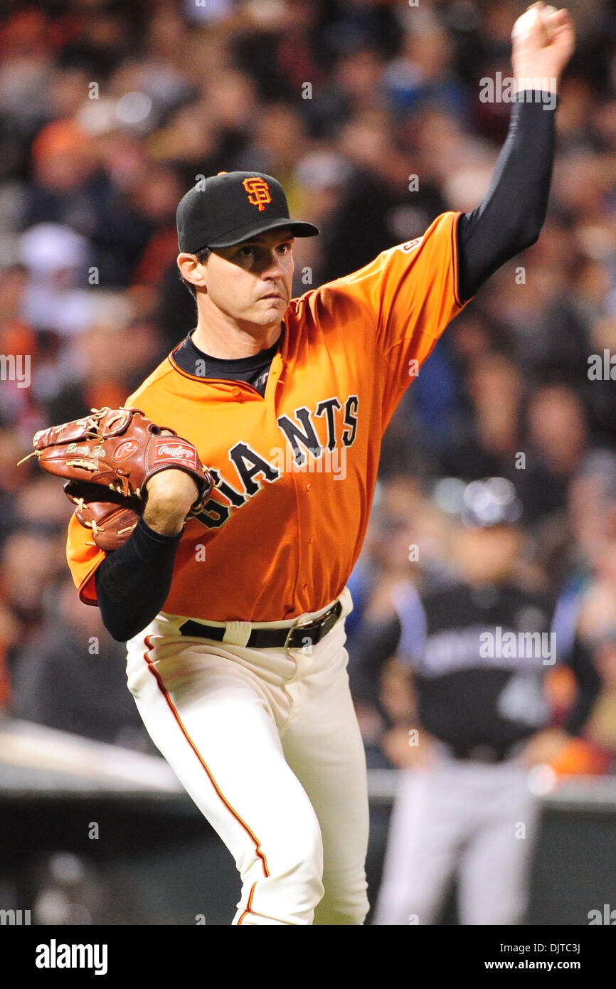 San Francisco, CA: San Francisco Giants' pitcher Barry Zito (75) throws to first base. The Giants won the game 5-2. (Credit Image: © Charles Herskowitz/Southcreek Global/ZUMApress.com) Stock Photo