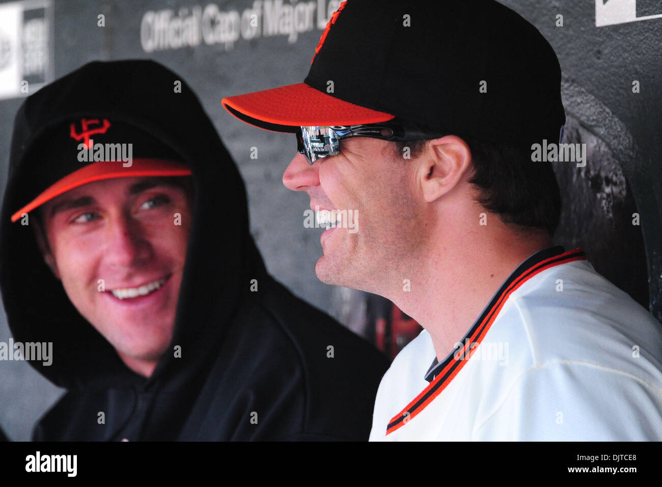 San Francisco, CA: San Francisco Giants' pitcher Barry Zito (75) having some fun in the dugout. The Rockies won the game 4-1. (Credit Image: © Charles Herskowitz/Southcreek Global/ZUMApress.com) Stock Photo