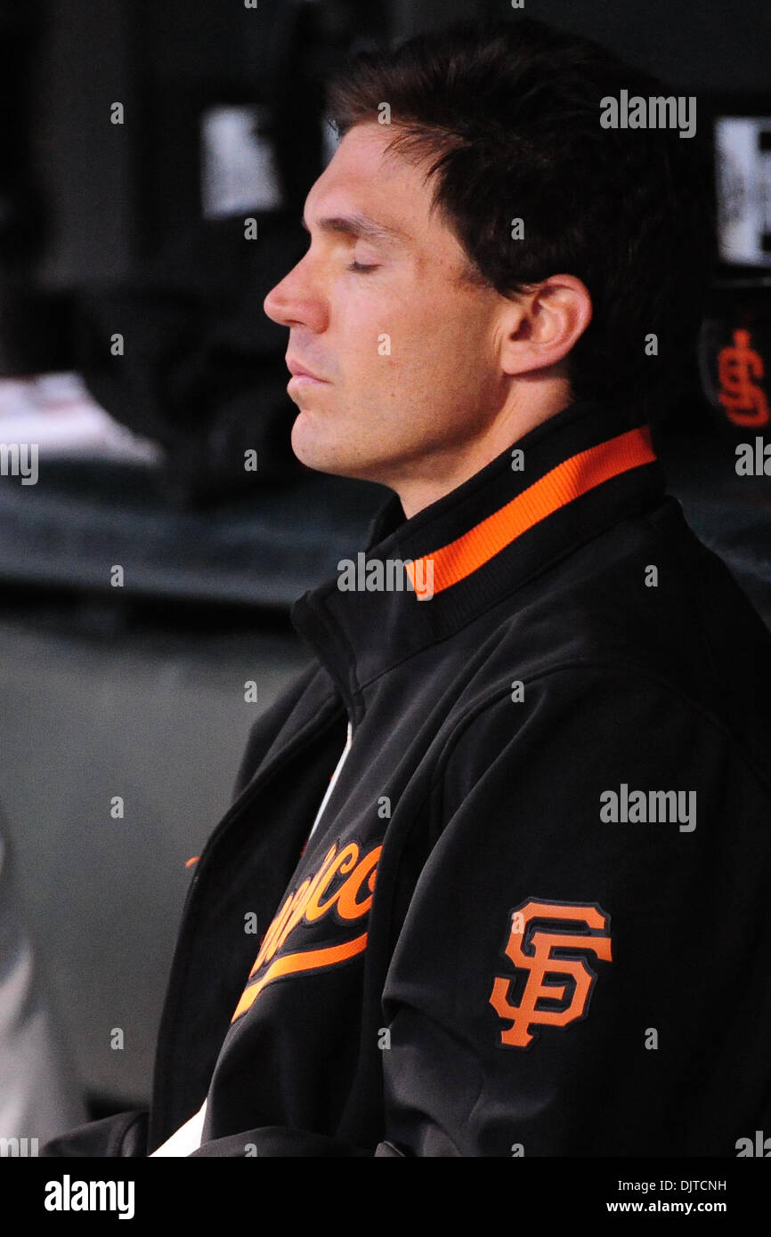 San Francisco, CA: San Francisco Giants' pitcher Barry Zito (75) relaxes in the dugout between innings. The Padres won the game 3-2. (Credit Image: © Charles Herskowitz/Southcreek Global/ZUMApress.com) Stock Photo