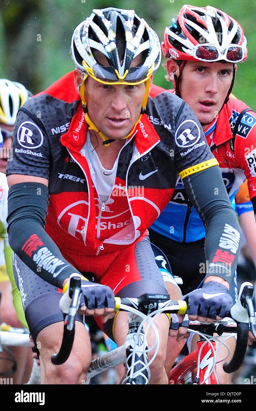 Angwin, CA: Lance Armstrong of Team Radio Shack leads the charge up Howell Mountain as Andy Schleck of Team Saxo Bank tries to hold his wheel. Stage 2 of the Tour of California. (Credit Image: © Charles Herskowitz/Southcreek Global/ZUMApress.com) Stock Photo