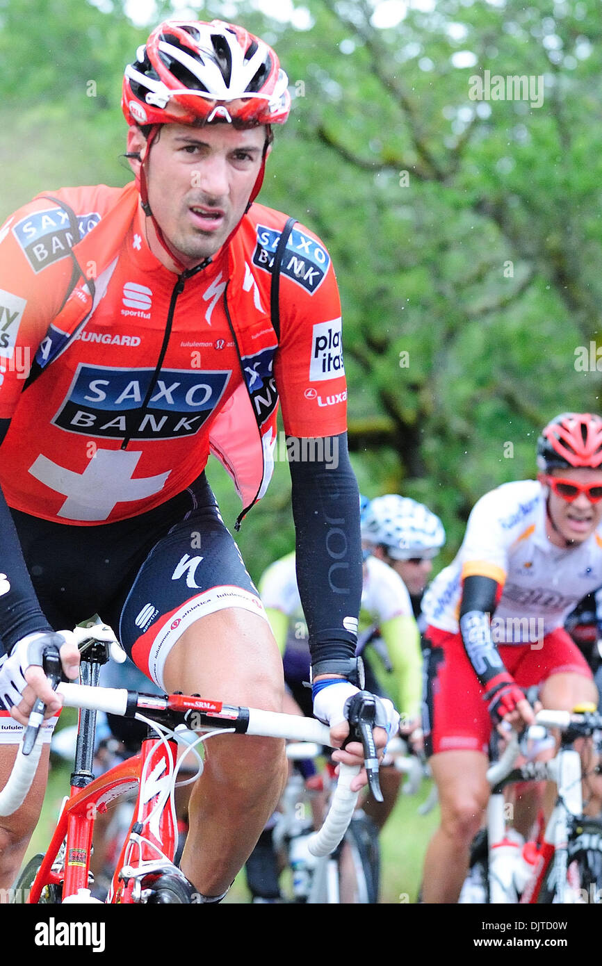 Angwin, CA: Swiss National Champion Fabian Cancellara of Team Saxo Bank has been fighting illness in California as he rides up Howell Mountain. Stage 2 of the Tour of California. (Credit Image: © Charles Herskowitz/Southcreek Global/ZUMApress.com) Stock Photo