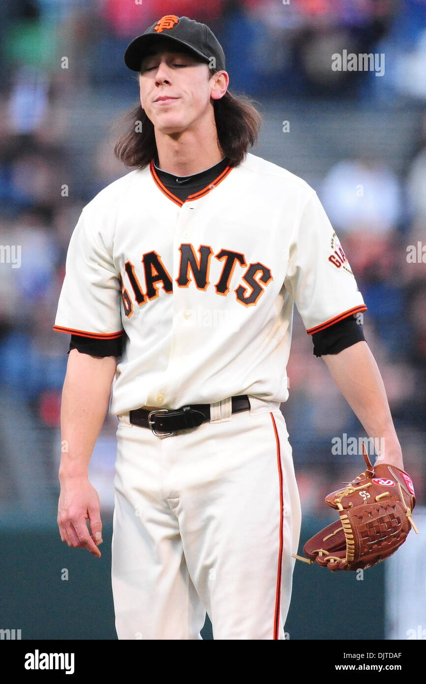 San Francisco, CA: San Francisco Giants pitcher Tim Lincecum (55) unhappy  with his early efforts in his first loss of the season. The Nationals won  the game 7-3. (Credit Image: © Charles