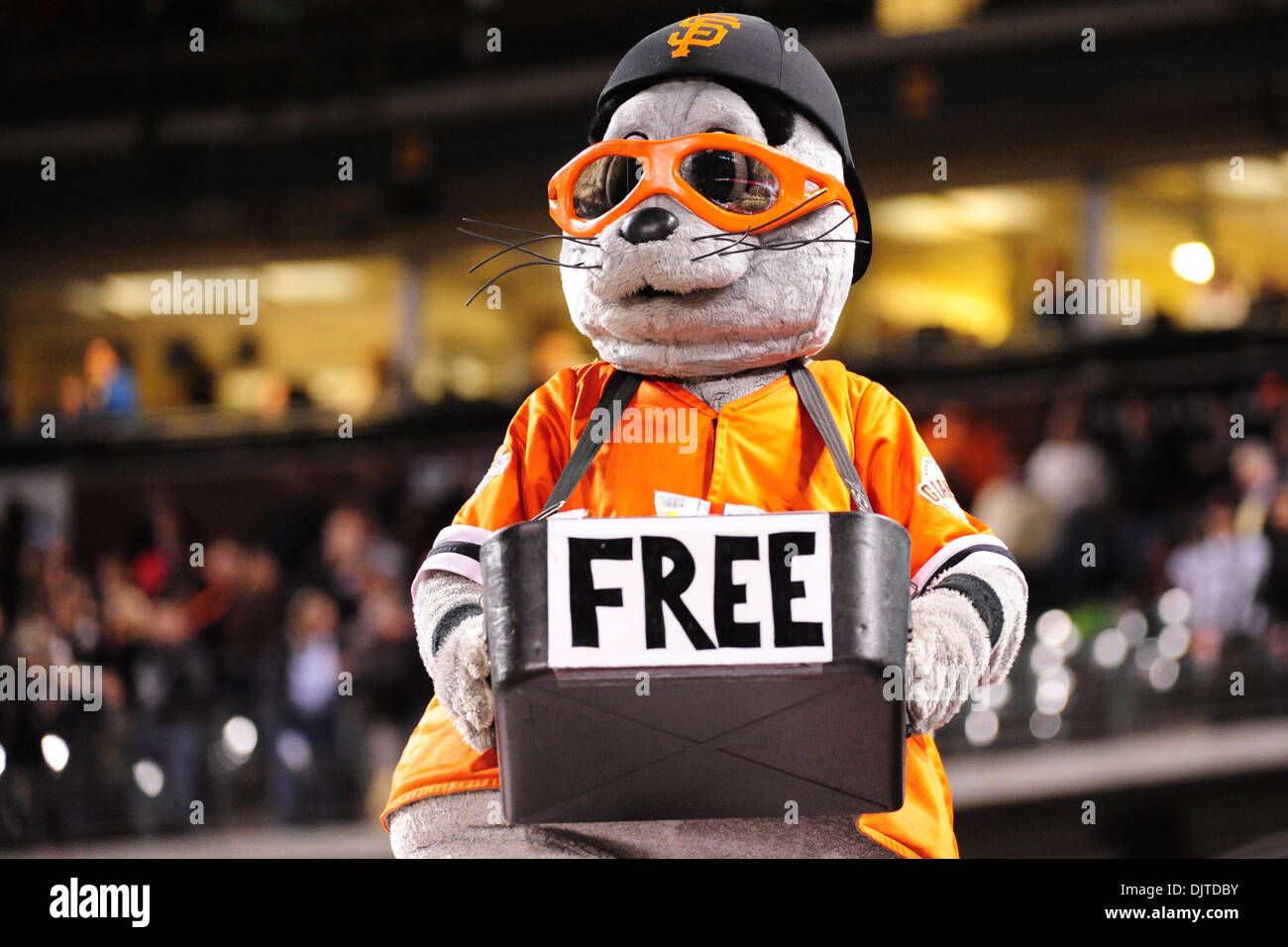 San Francisco, CA: San Francisco Giants mascot Lou Seal gives out