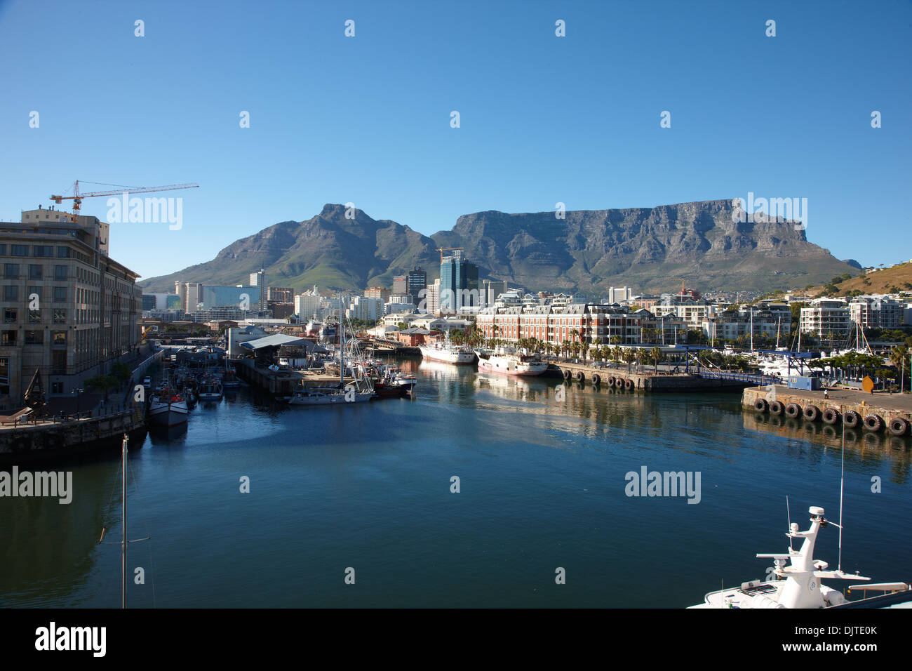 View of Table Mountain from The Victoria & Alfred (V&A) Waterfront in Cape Town Stock Photo