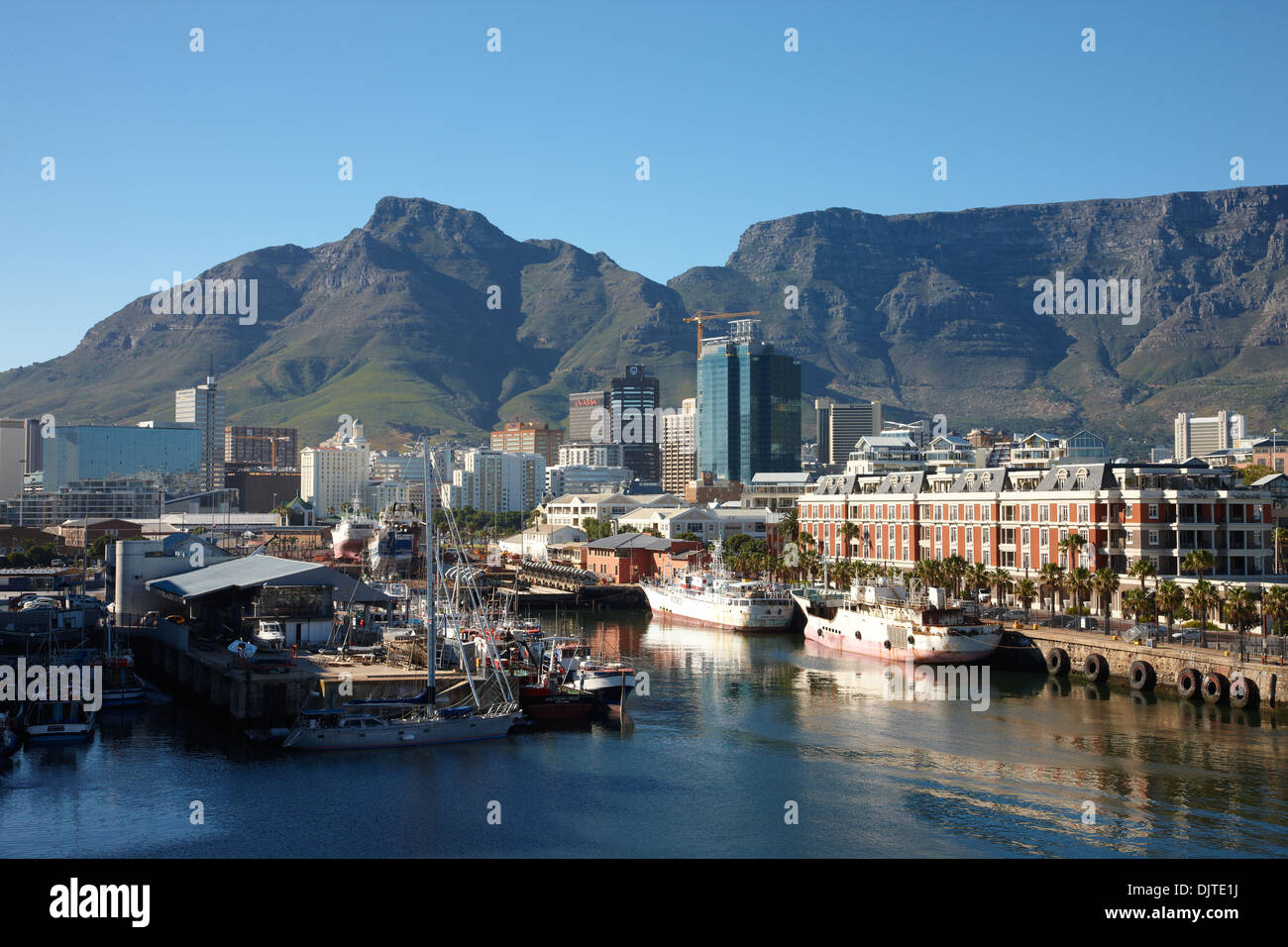 View of Table Mountain from The Victoria & Alfred (V&A) Waterfront in Cape Town Stock Photo