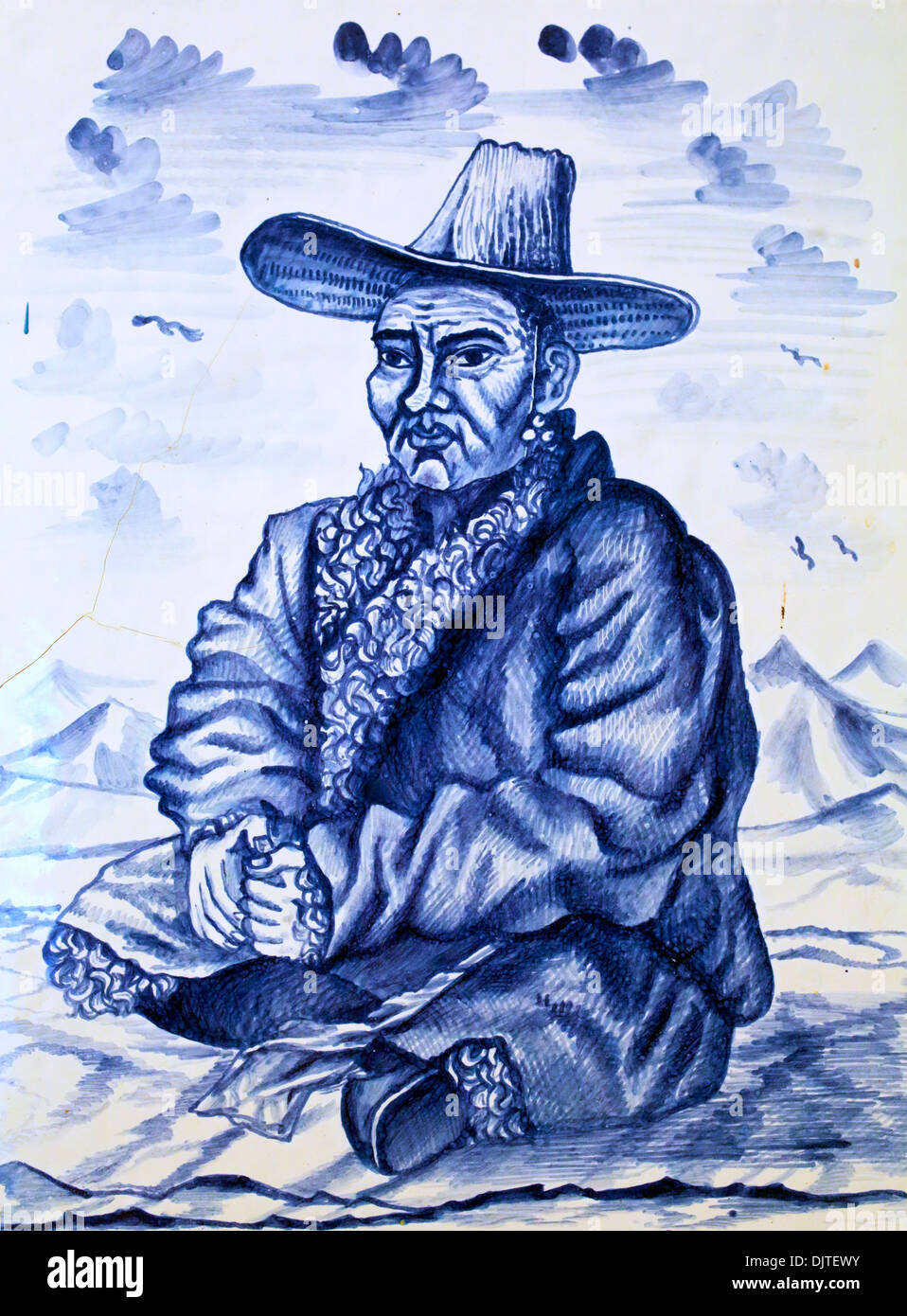 Portrait of Mongol, Ceramic tile, museum of Nikolay Przhevalsky in Karakol, Issyk Kul oblast, Kyrgyzstan Stock Photo