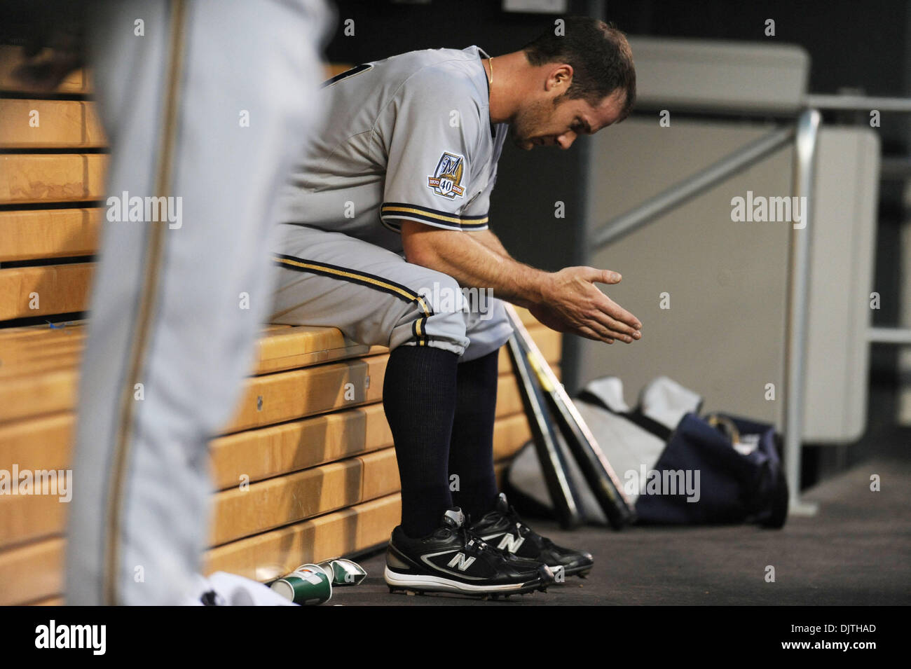 Milwaukee Brewers starting pitcher Dave Bush #31 in the dugout after being pulled in the 1st inning of the Twins'  baseball game against the Milwaukee Brewers at Target Field in Minneapolis, Minnesota.  Bush walked in the 1st run for the Twins and the Twins scored 7 runs that inning. (Credit Image: © Marilyn Indahl/Southcreek Global/ZUMApress.com) Stock Photo