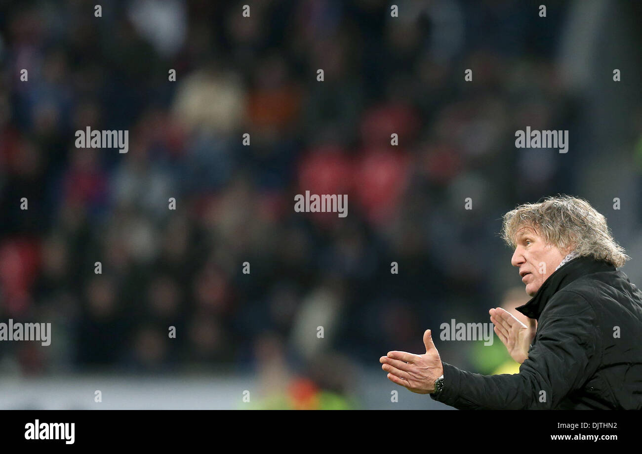 Leverkusen, Germany. 30th Nov, 2013. Nuremberg's coach Gertjan Verbeek reacts during the Bundesliga soccer match between Bayer o4 Leverkusen and 1. FC Nuremberg in the BayArena in Leverkusen, Germany, 30 November 2013. Photo: Rolf Vennenbernd/dpa (ATTENTION: Due to the accreditation guidelines, the DFL only permits the publication and utilisation of up to 15 pictures per match on the internet and in online media during the match.)/dpa/Alamy Live News Stock Photo
