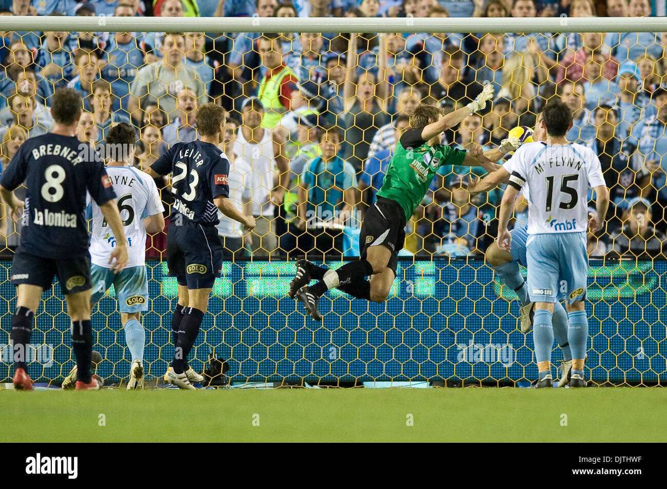 MELBOURNE, AUSTRALIA - MARCH 20, 2010: Mitchell Langerak from Melbourne Victory flies to save a kick from Mark Bridge of Sydney FC in the final of the 2010 A-League between the Melbourne Victory and Sydney FC at Etihad Stadium on March 20, 2010 in Melbourne, Australia. (Credit Image: © Sydney Low/Southcreek Global/ZUMApress.com) Stock Photo
