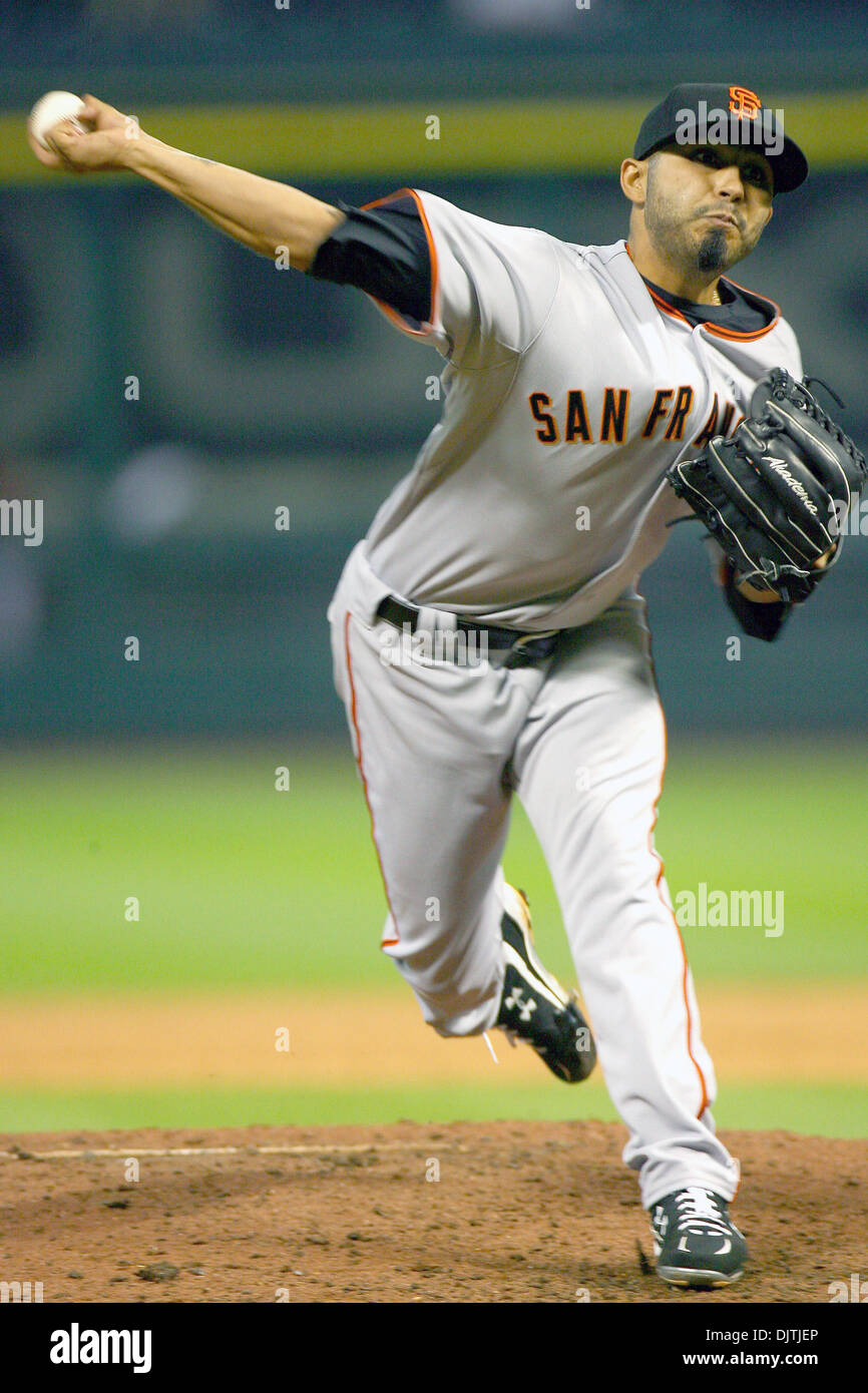 San Francisco Giants Pitcher Sergio Romo (54) pitch in relief in the 8th  inning. The Giants beat the Astros 3 - 0 for the second shut out in 2  nights at Minute