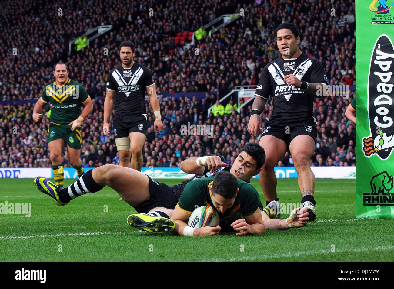 Manchester, UK. 30th Nov, 2013. Billy Slater (Australia &amp; Melbourne Storm) dives across the line to score the opening try during the Rugby League World Cup Final between New Zealand and Australia at Old Trafford Manchester. Credit:  Action Plus Sports/Alamy Live News Stock Photo