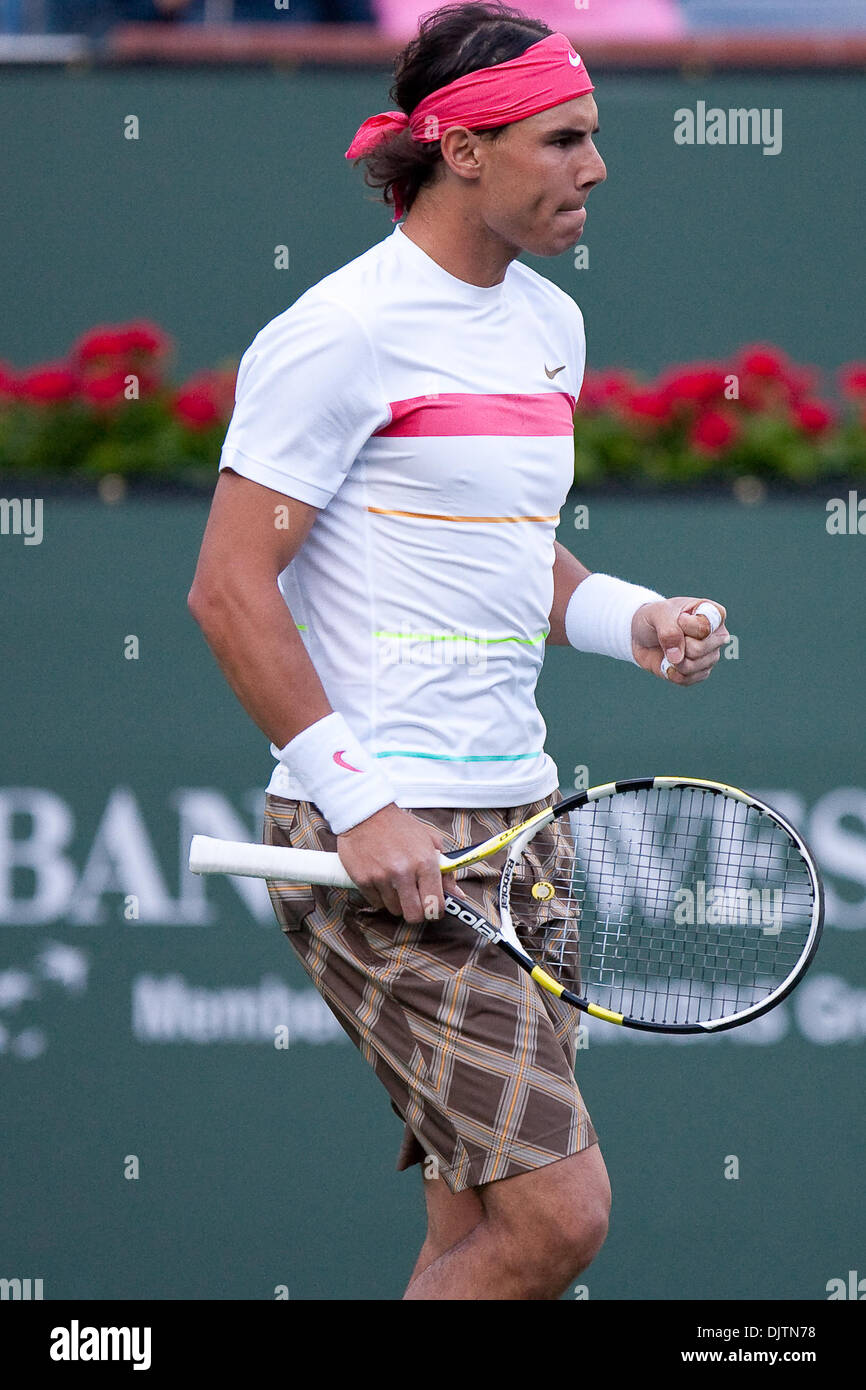 Rainer SCHUETTLER GER white shirt with green stripe vs Rafael NADAL ESP white shirty with pink stripe at the 2010 BNP Paribas Open held at the Indian Wells Tennis Garden in