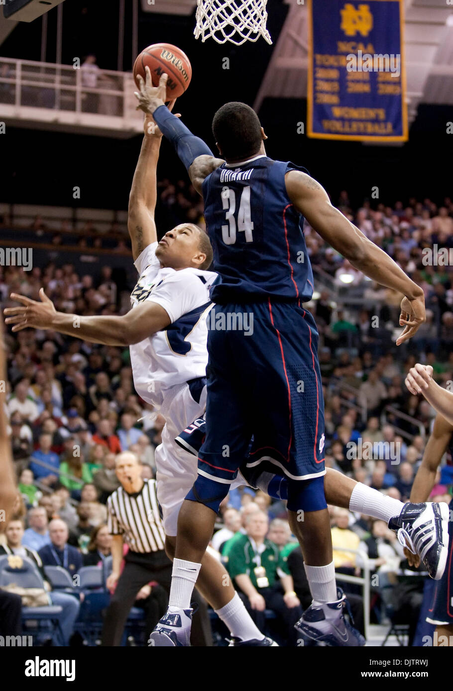 Notre Dame Foward Tyrone Nash (1) attempts shot over Connecticut