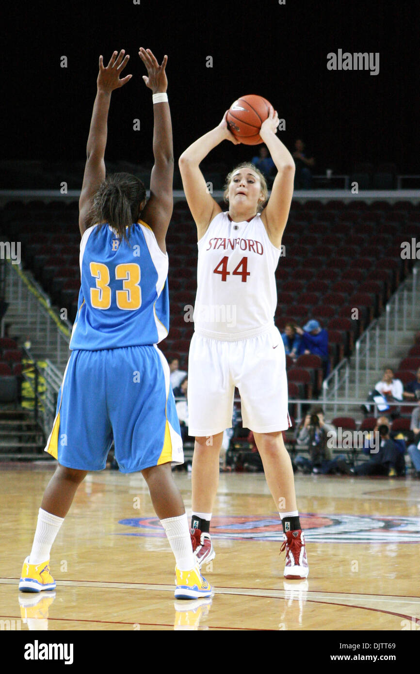 14 March 2010: Joslyn Tinkle #44 looks for an open teammate while Jasmine Dixon #33 defends during the State Farm Pac-10 Womens Basketball Tournament championship match between Stanford and UCLA at the Galen Center in Los Angeles, California. Stanford went on to defeat UCLA with a final score of 70-46.   Mandatory Credit: Brandon Parry / Southcreek Global (Credit Image: © Brandon P Stock Photo