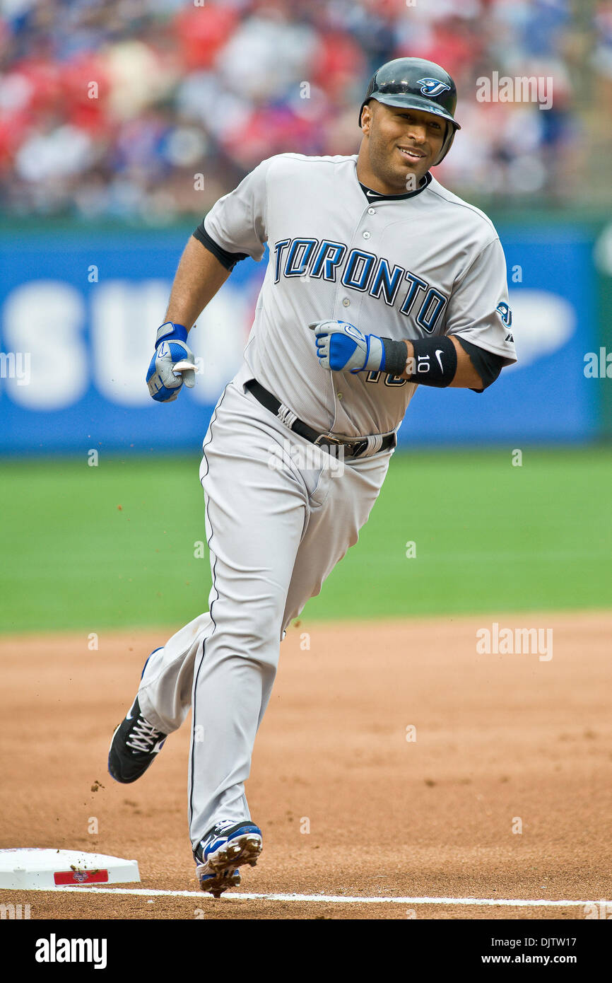 The Toronto Blue Jays centerfielder, Vernon Wells (10) is all smiles as he  rounds the bases after his two run home run blast during the first inning  of Monday's Opening Day baseball