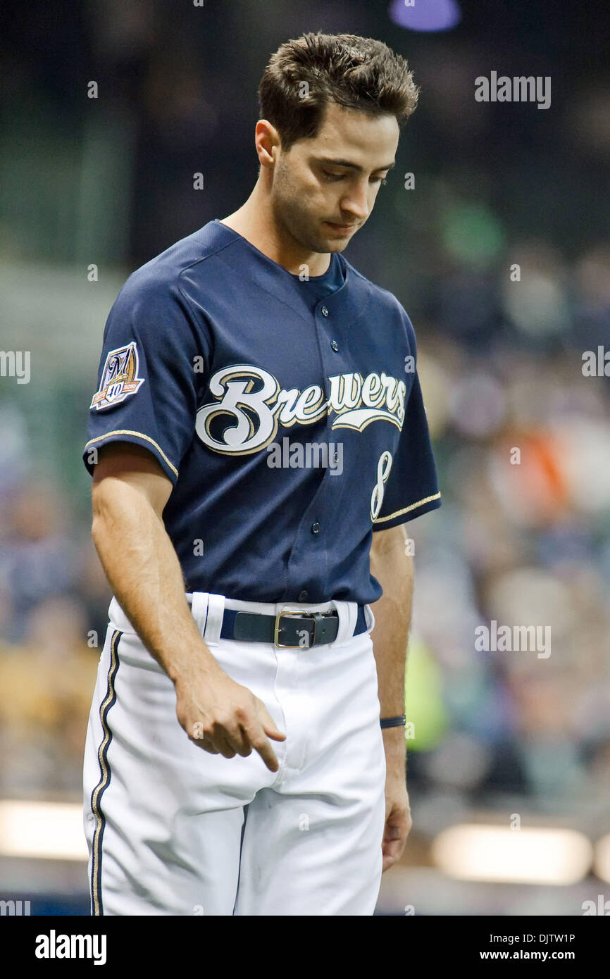 Milwaukee Brewers left fielder Ryan Braun (8) walks back to the outfield  after striking out during the game between the Colorado Rockies and  Milwaukee Brewers at Miller Park in Milwaukee. The Brewers