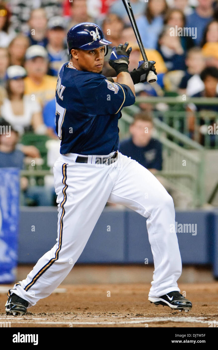 Milwaukee Brewers center fielder Carlos Gomez (27) during the game between  the St. Louis Cardinals and Milwaukee Brewers at Miller Park in Milwaukee.  The Cardinals defeated the Brewers 7-1. (Credit Image: ©