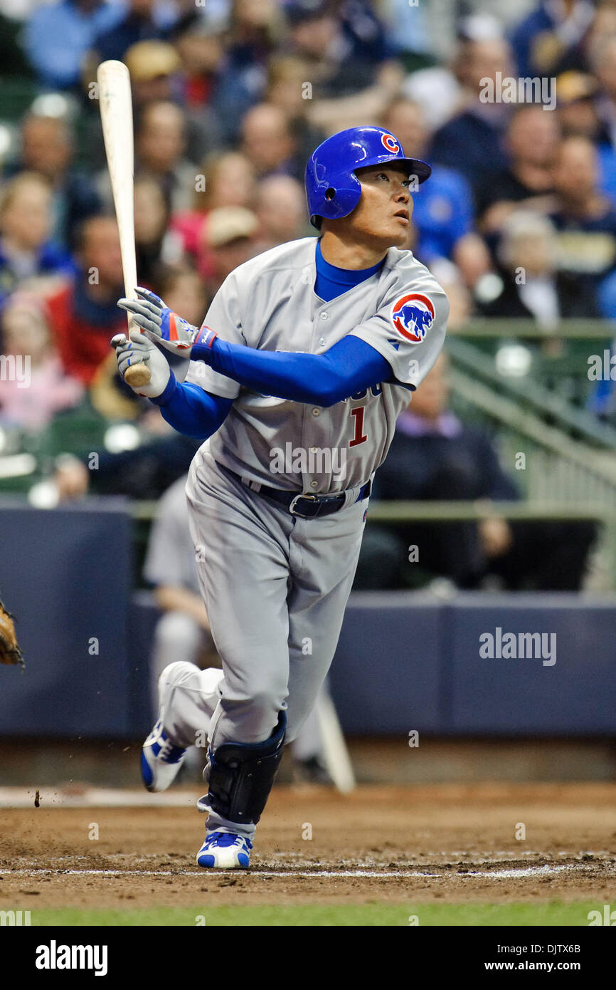 Chicago Cubs center fielder Kosuke Fukudome (1) hits a solo hom run in the 3rd inning of the game between the Milwaukee Brewers and Chicago Cubs at Miller Park in Milwaukee, Wisconsin.  The Cubs defeated the Brewers 8-1. (Credit Image: © John Rowland/Southcreek Global/ZUMApress.com) Stock Photo