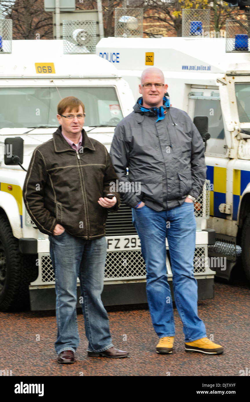 Belfast, Northern Ireland - 30th Nov 2013 - Protestant Coalition members Willie Frazer and Bill Hill stand at police lines at Carrick Hill during a loyalist parade. Credit:  Stephen Barnes/Alamy Live News Stock Photo