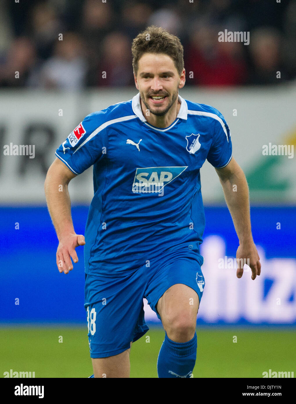 Sinsheim, Germany. 18th Oct, 2013. Hoffenheim's Kai Herdling (R) and  Leverkusen's Sebastian Boenisch debate after the Bundesliga soccer match  between 1899 Hoffenheim and Bayer Leverkusen at Rhein-Neckar-Arena in  Sinsheim, Germany, 18 October