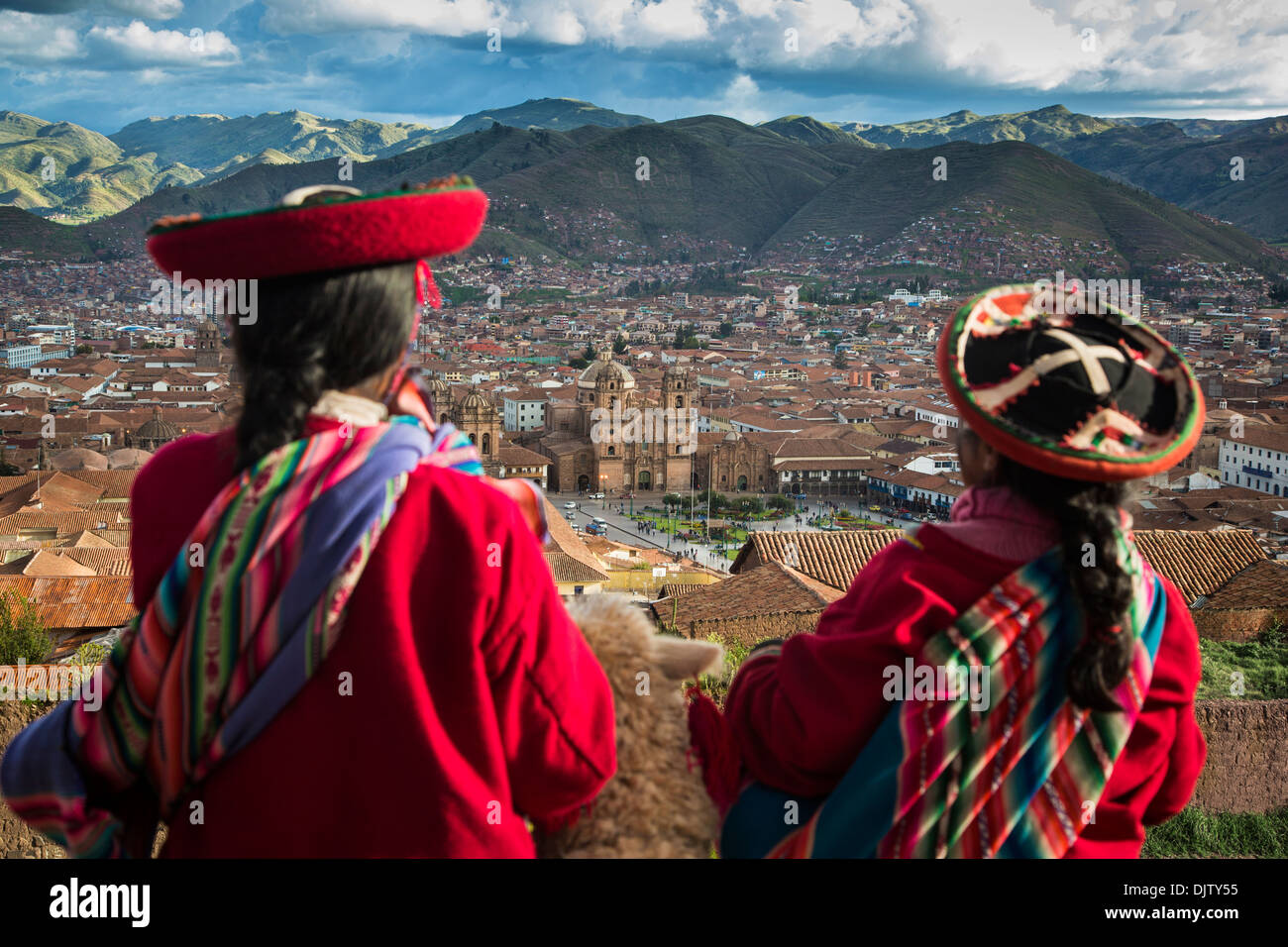 Elevated view over Cuzco and Plaza de Armas, Cuzco, Peru. Stock Photo