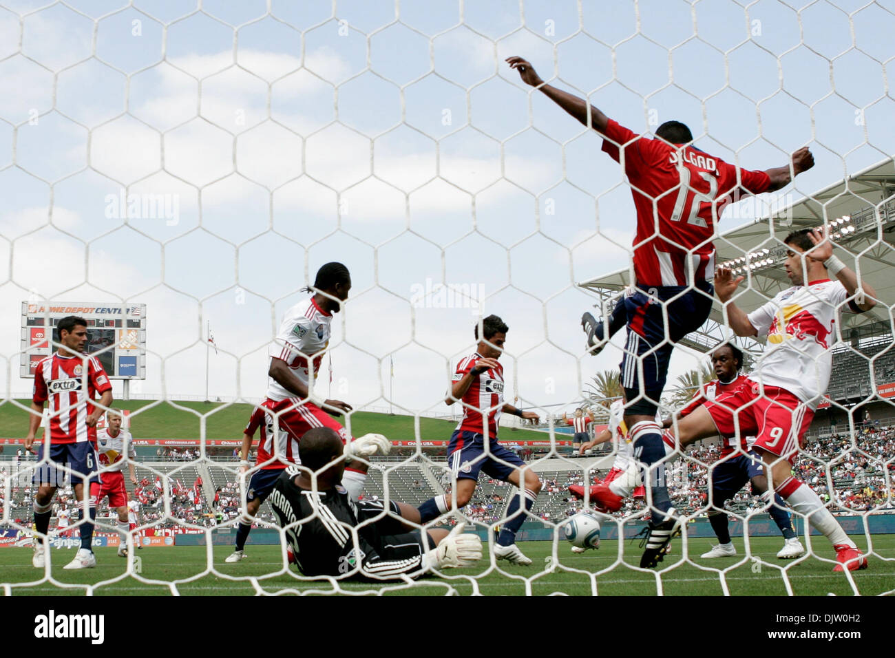 10 April 2010: The Chivas USA defense scrambles to clear the ball while keeper Zach Thornton is on the ground during the Chivas USA vs the New York Red Bulls match at the Home Depot Center in Carson, California. Chivas went on to defeat the Red Bulls with a final score of 2-0. Mandatory Credit: Brandon Parry / Southcreek Global (Credit Image: © Brandon Parry/Southcreek Global/ZUMAp Stock Photo