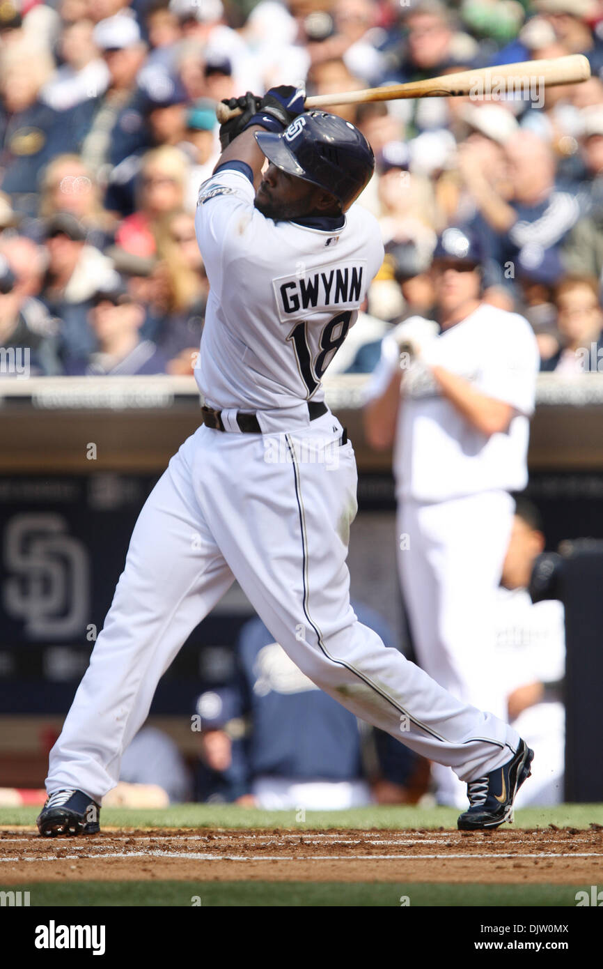 San Diego Padres Tony Gwynn Jr. takes a swing at a pitch from