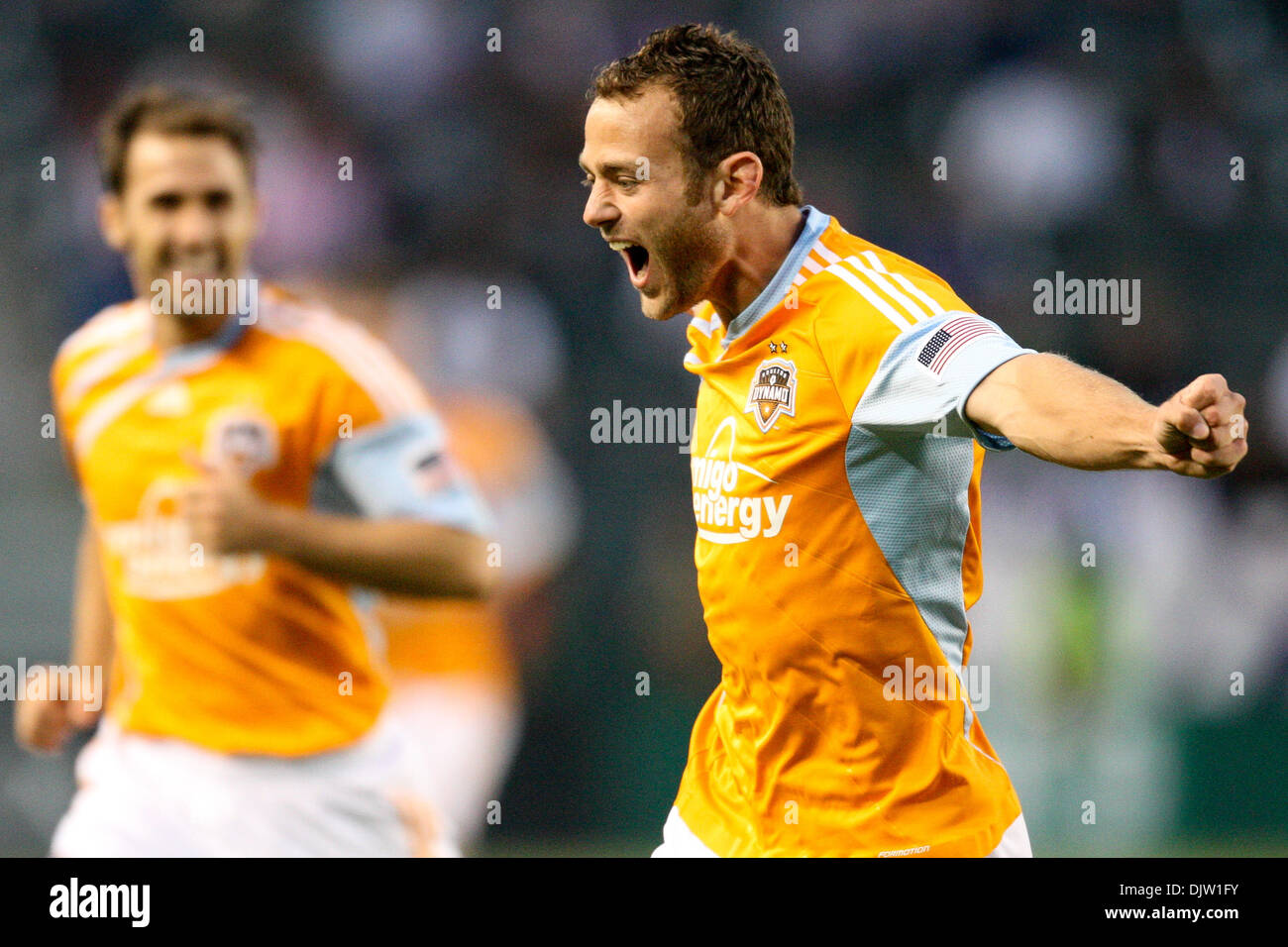 8 May 2010: Houston Dynamo M #11 Brad Davis (pictured) celebrates after scoring a chip shot goal over Chivas USA GK #22 Zach Thornton in the opening minutes of the Chivas USA vs the Houston Dynamos game at the Home Depot Center in Carson, California. Chivas went on to be defeated by the Dynamo with a final score of 0-2. Mandatory Credit: Brandon Parry / Southcreek Global (Credit Im Stock Photo