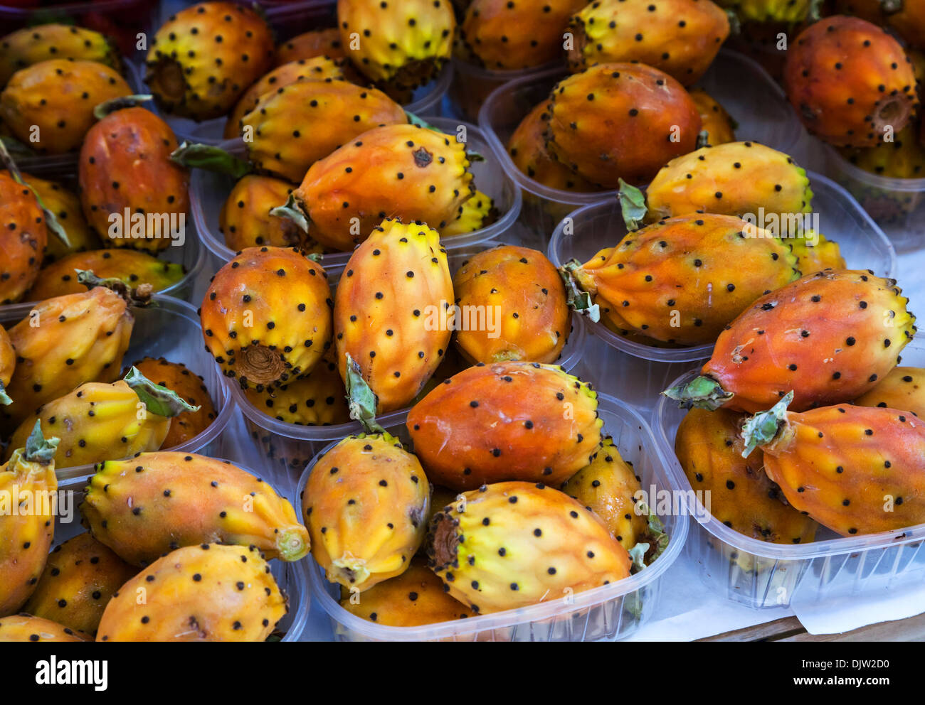Opuntia prickly pears on sale in the Mercato di Rialto market, Venice, Italy. Stock Photo
