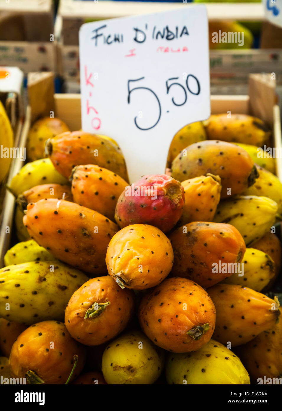 Opuntia prickly pears on sale in the Mercato di Rialto market, Venice, Italy. Stock Photo