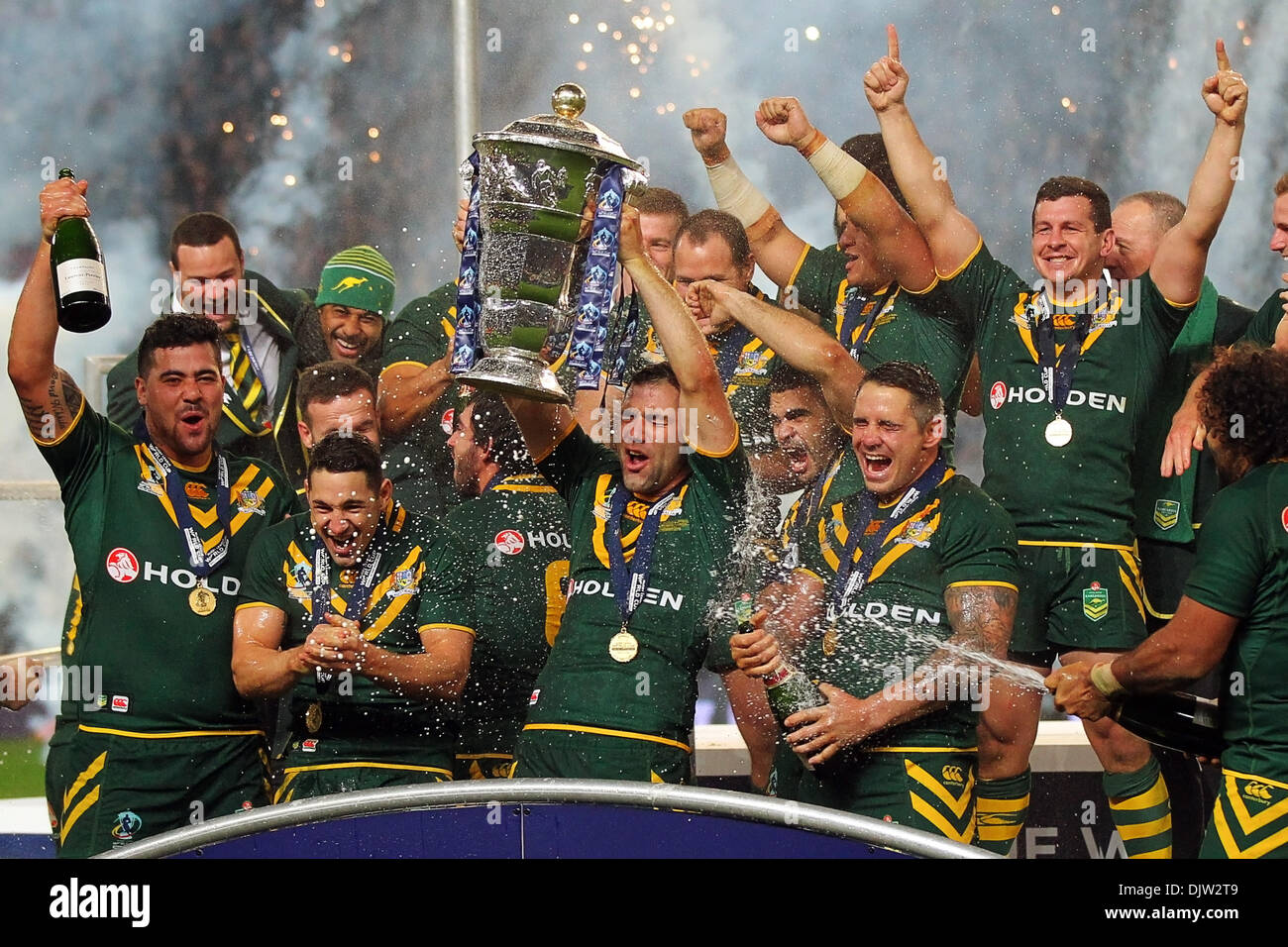 Manchester, UK. 30th Nov, 2013. Cameron Smith (Australia &amp; Melbourne Storm) and Team Australia lift the trophy and celebrate winning the Rugby League World Cup Final between New Zealand and Australia at Old Trafford Manchester. Credit:  Action Plus Sports/Alamy Live News Stock Photo