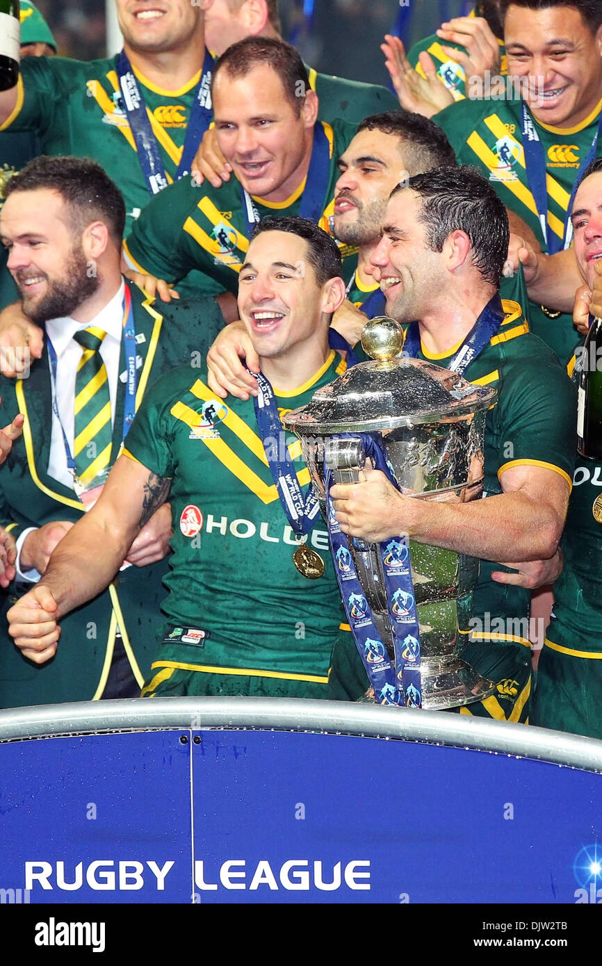 Manchester, UK. 30th Nov, 2013. Cameron Smith (Australia &amp; Melbourne Storm) and Billy Slater (Australia &amp; Melbourne Storm) hold the trophy and celebrate winning the Rugby League World Cup Final between New Zealand and Australia at Old Trafford Manchester. Credit:  Action Plus Sports/Alamy Live News Stock Photo
