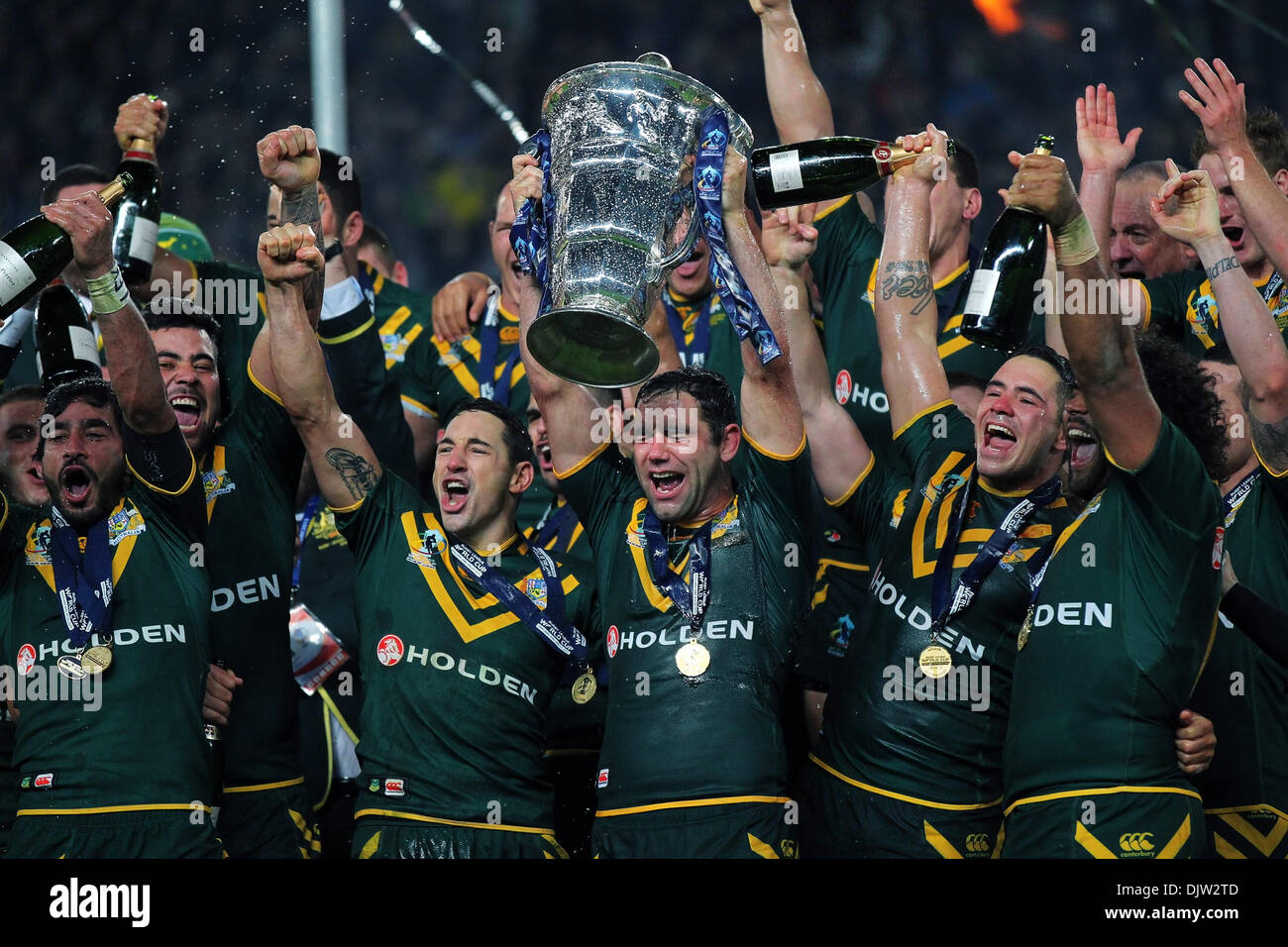 Manchester, UK. 30th Nov, 2013. Cameron Smith (Australia &amp; Melbourne Storm) of Team Australia lifts the trophy and celebrate winning the Rugby League World Cup Final between New Zealand and Australia at Old Trafford Manchester. Credit:  Action Plus Sports/Alamy Live News Stock Photo